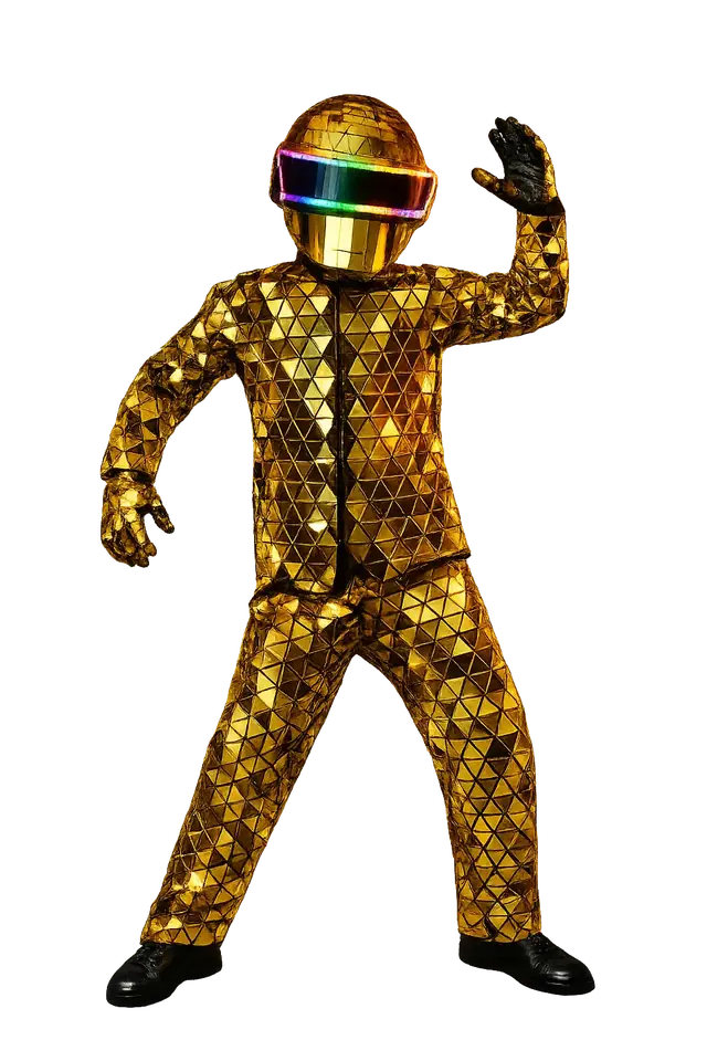 Hombre espejo dorado con casco de luces