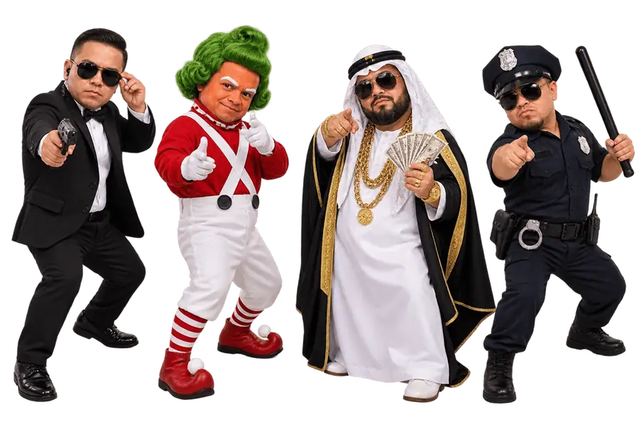 El Árabe y los mini personajes en pose de show